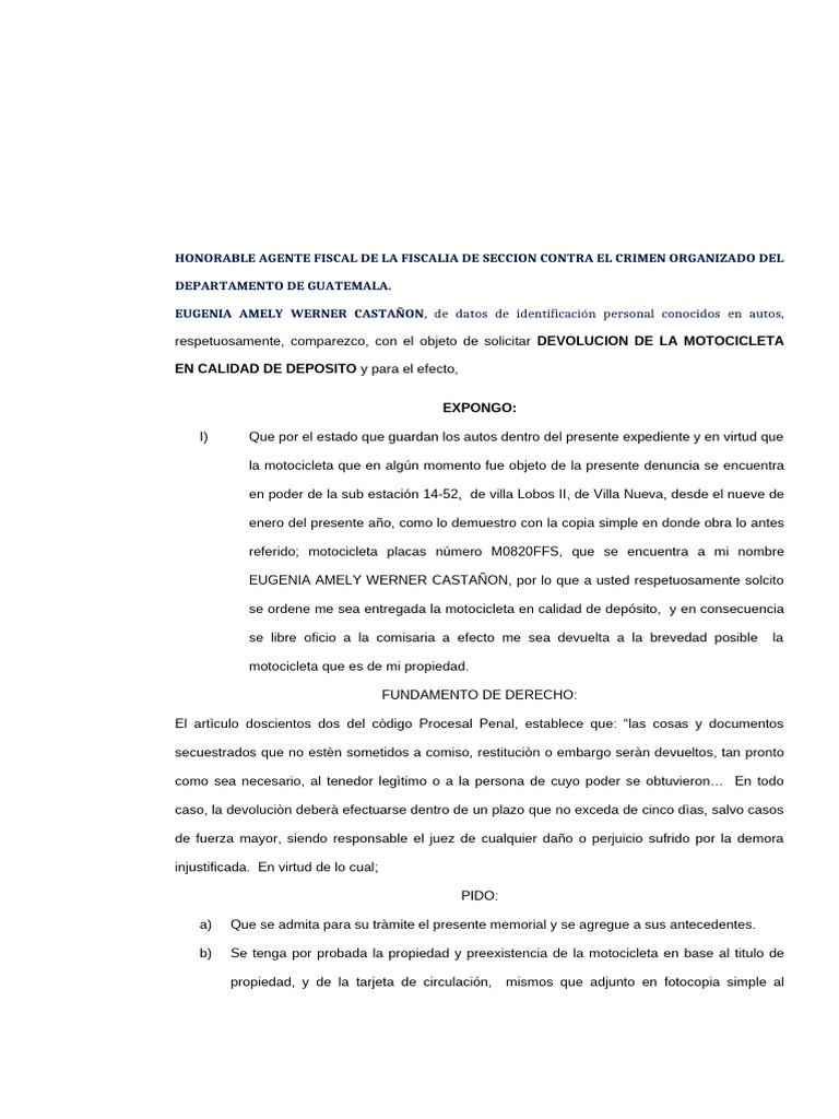 Solicitud de Devolución de Motocicleta | PDF | Justicia | Crimen y ...