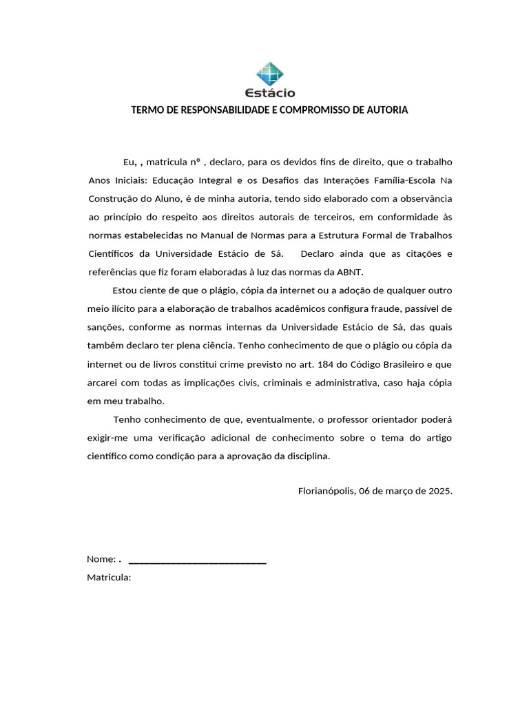 Termo de Responsabilidade Acadêmica | PDF