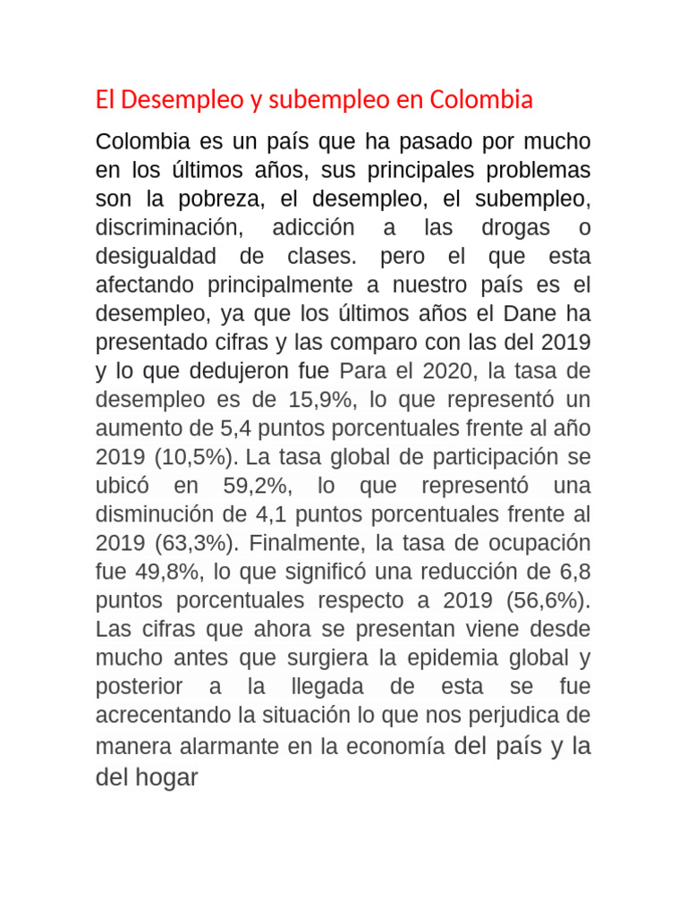 Desempleo y Subempleo en Colombia 2020 | PDF
