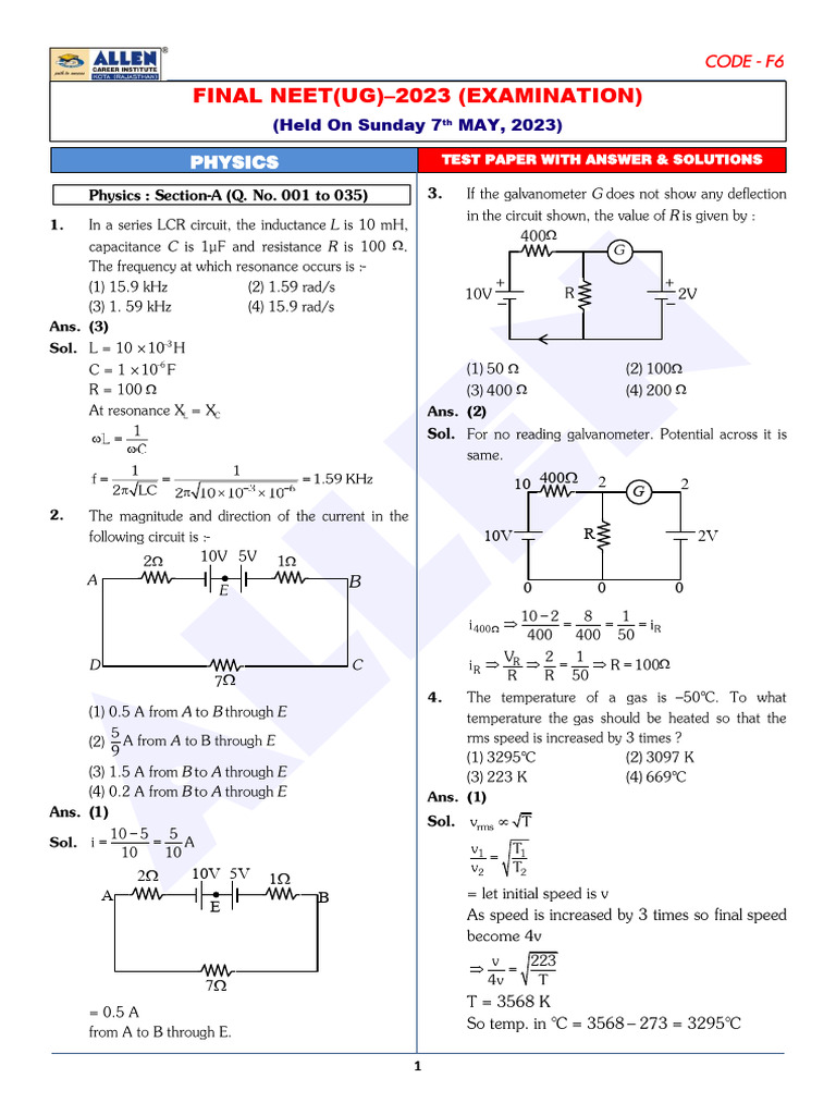 Neet Ug Physics Paper With Answer Solutions | PDF