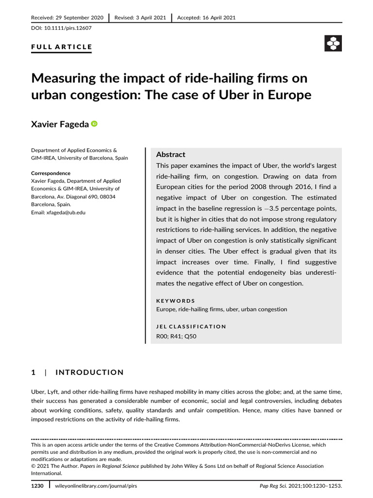 (2021) Measuring The Impact of Ride Hailing Firms On Urban Congestion ...