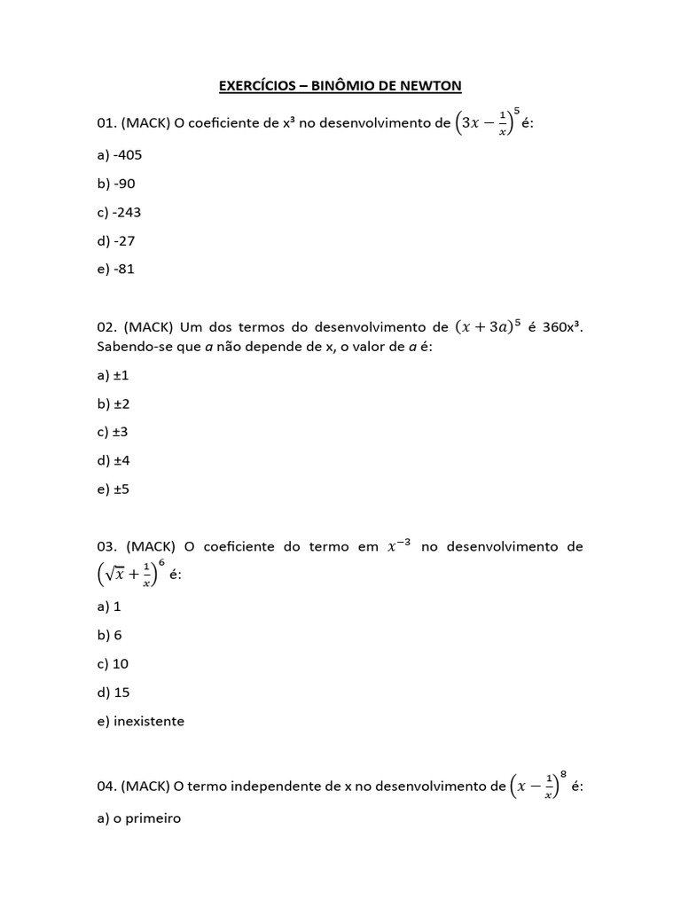 Exercícios sobre Binômio de Newton | PDF