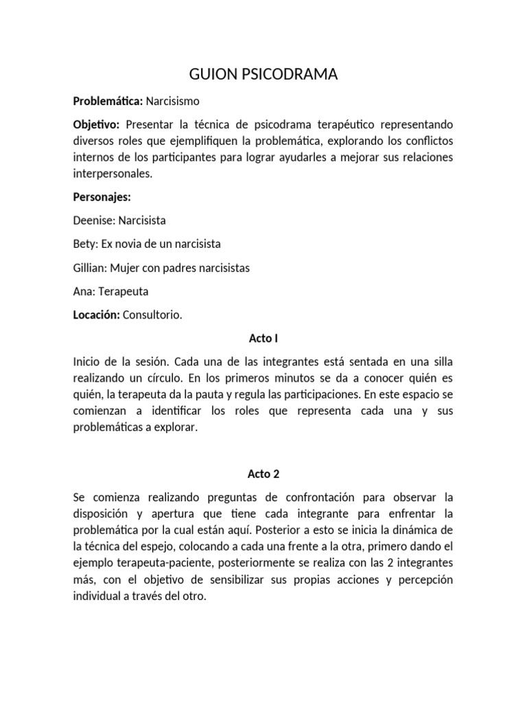 Psicodrama Y Narcisismo En Terapia PDF