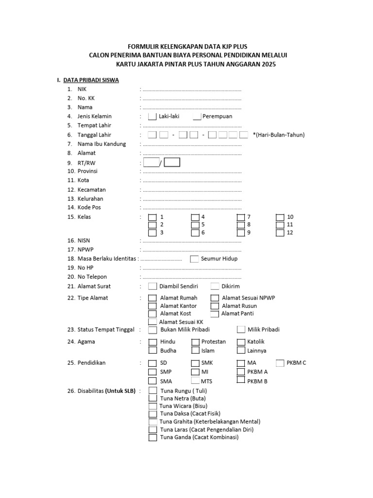 Formulir KJP Plus 2025 untuk Siswa | PDF