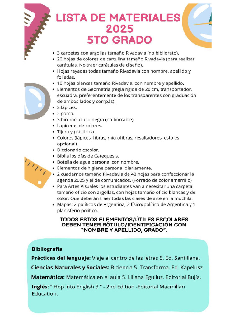 Lista de Materiales Quinto Grado 2025 | PDF