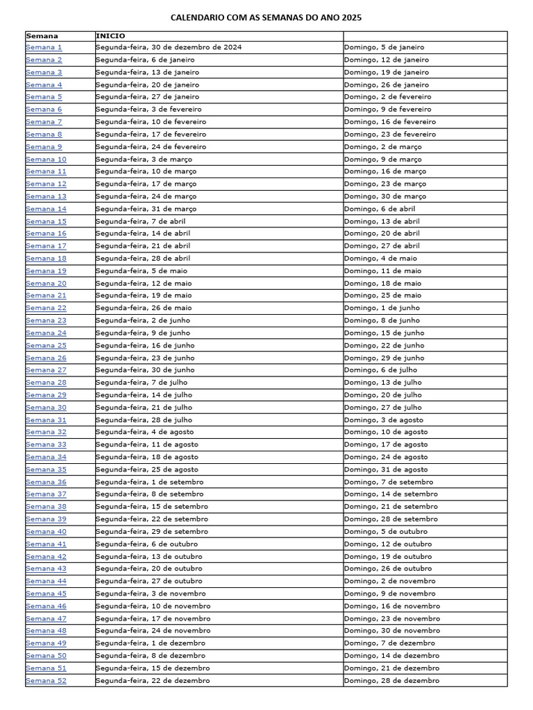 Calendário Semanal 2025 | PDF