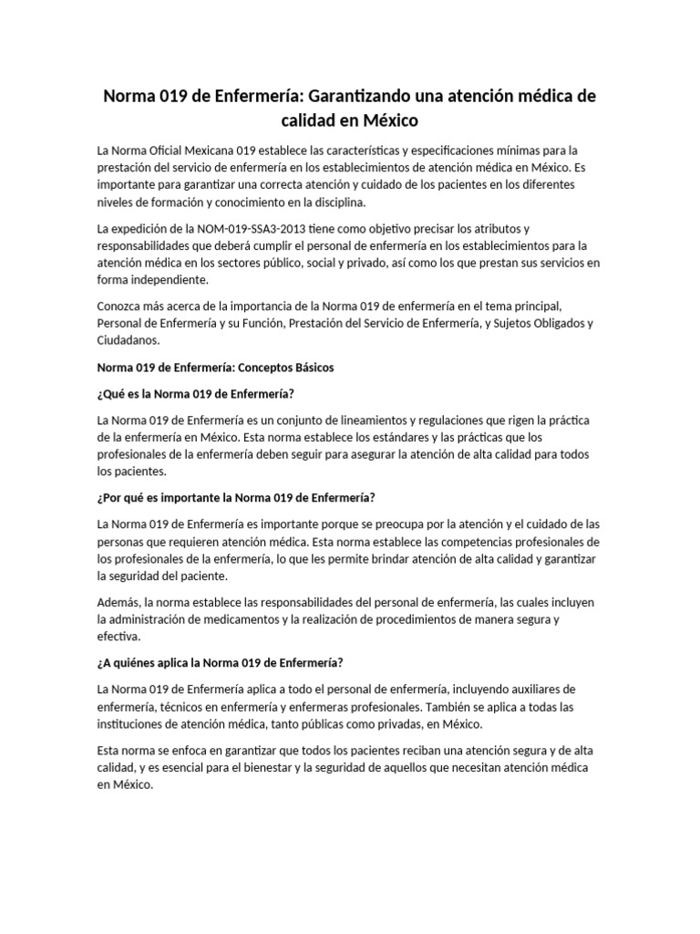 Norma 019 de Enfermería en México | PDF | Enfermería | Hospital