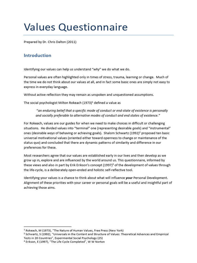 Values Questionnaire for Personal Growth | PDF | Pleasure | Question
