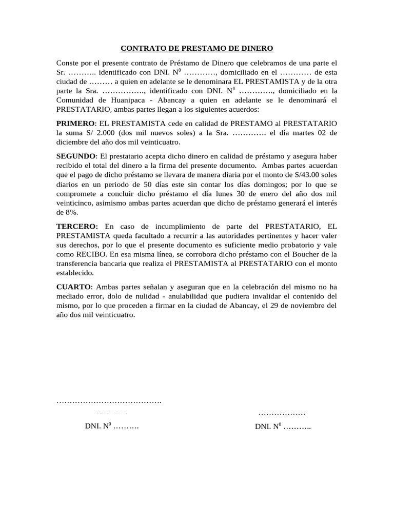 Contrato de Préstamo de Dinero 2024 | PDF