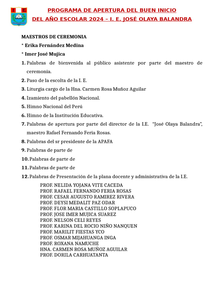 Programa de Apertura Del Año Escolar 2024 - 041958 | PDF