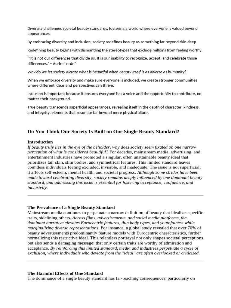 Embracing Diversity in Beauty Standards | PDF | Beauty | Self Esteem