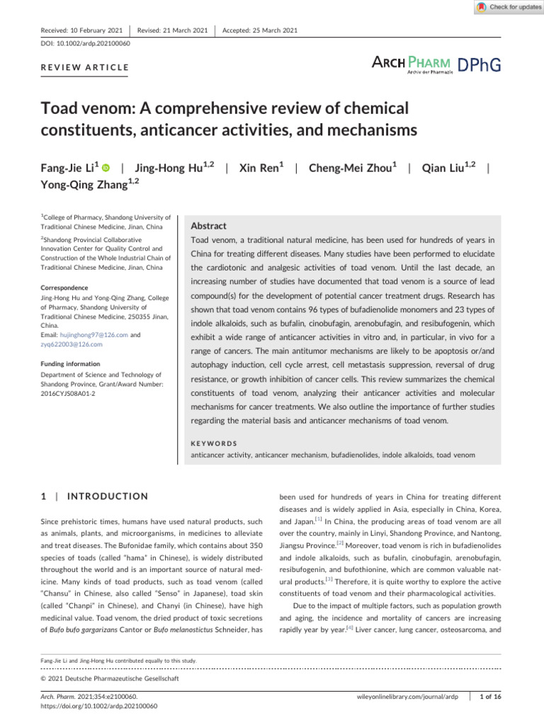 Archiv der Pharmazie - 2021 - Li - Toad venom A comprehensive review of ...