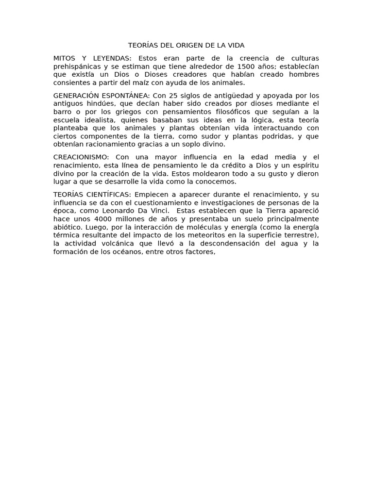 Teorías sobre el Origen de la Vida | PDF