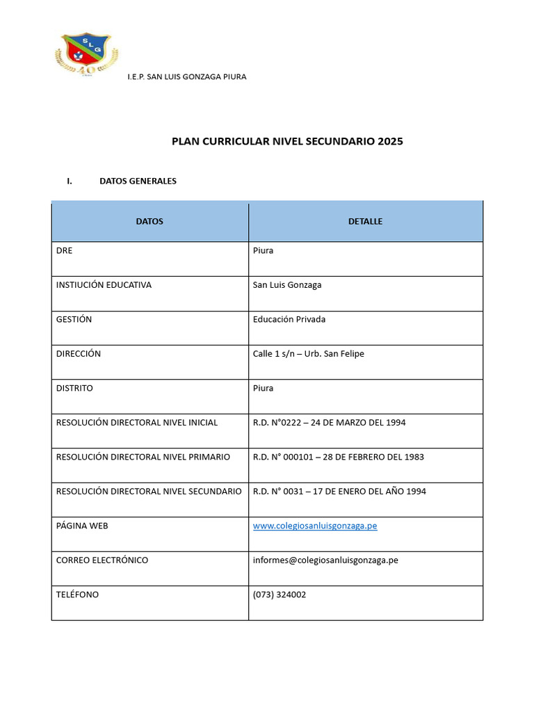 Plan Curricular Secundaria 2025 I.E.P. SLG | PDF | Plan de estudios ...