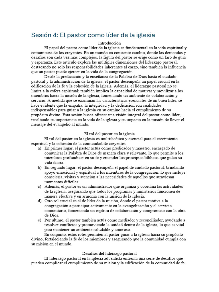 El Pastor como Líder de la Iglesia | PDF | Iglesia cristiana | Liderazgo