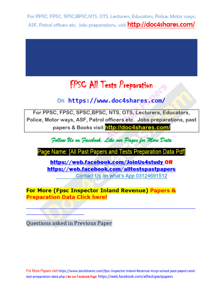 FPSC Inspector Inland Revenue FBR 2013 Solved Past Paper | PDF ...