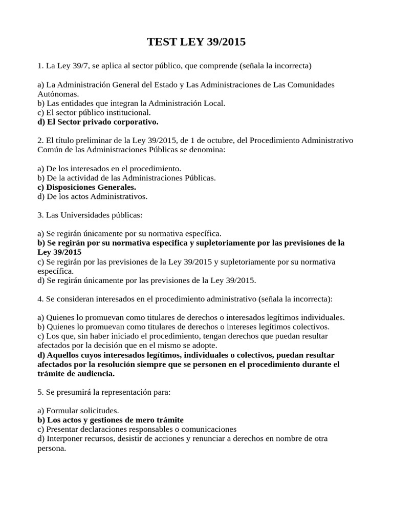 Test Ley 39/2015: Exámenes Oficiales | PDF | Gobernancia | Justicia