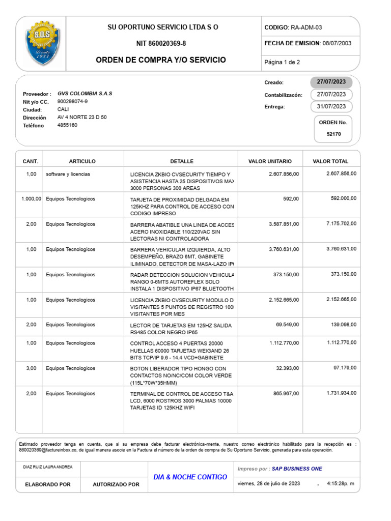 Orden de Compra Y/O Servicio | PDF | Telecomunicaciones | Informática