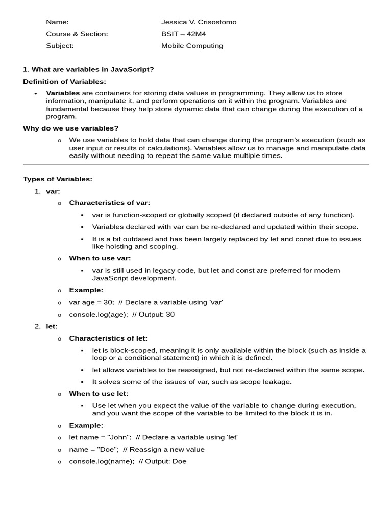 JavaScript Variables and Data Types Guide | PDF | Boolean Data Type ...