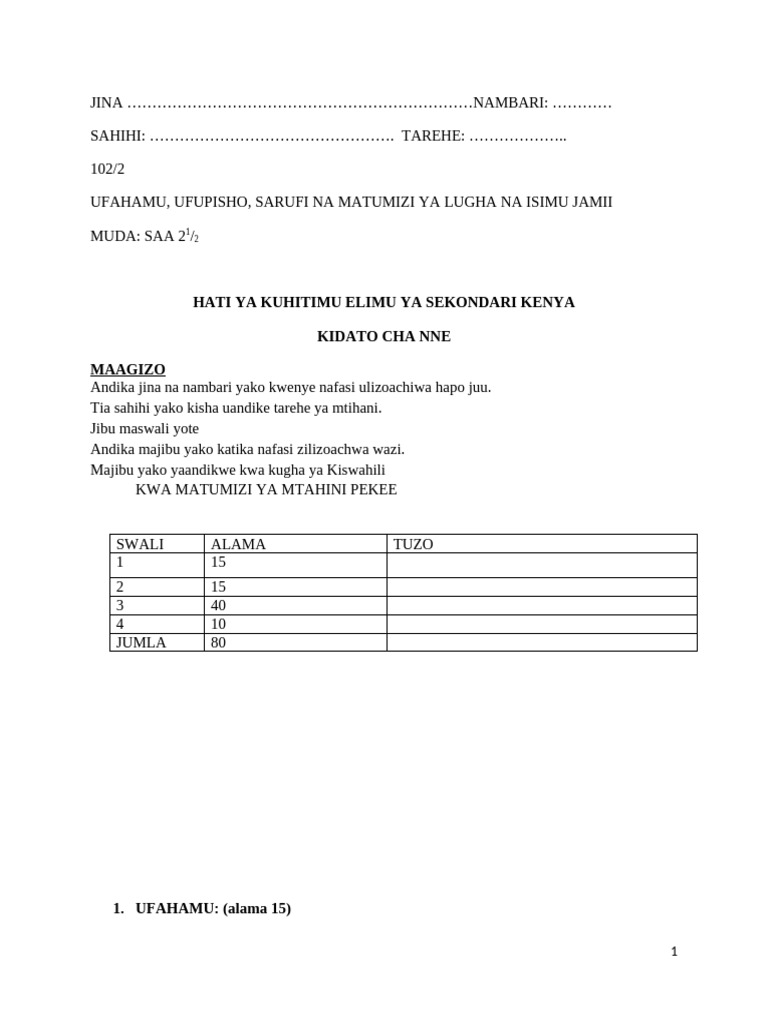 Kiswahili Form 4 PP2 | PDF