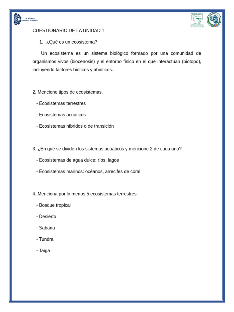 Cuestionario Unidad 1 | PDF | Ecosistema | Entorno natural