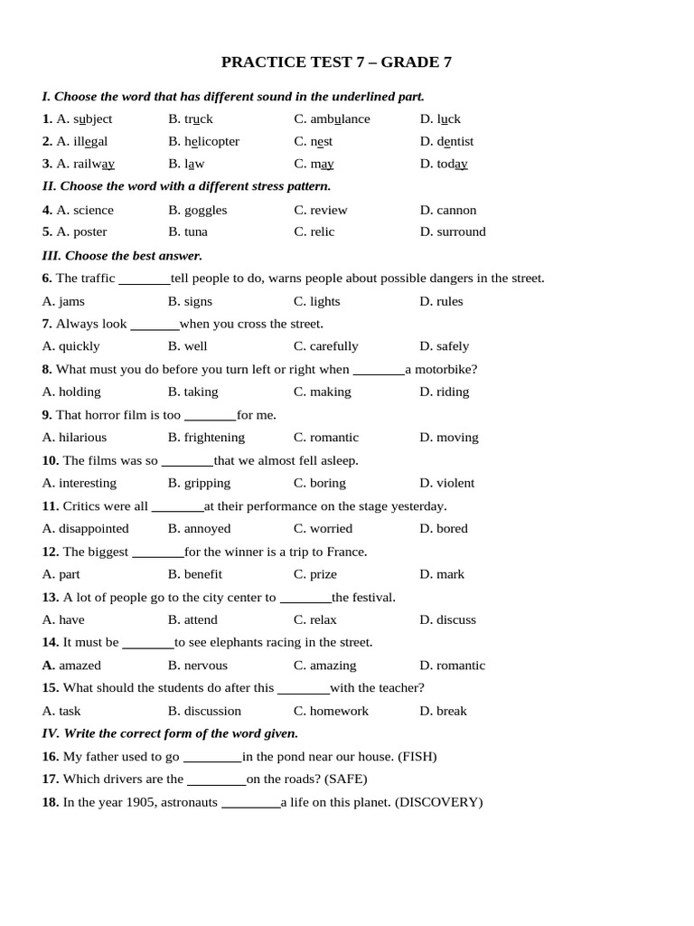 Grade 7 English Practice Test II | PDF | Bus