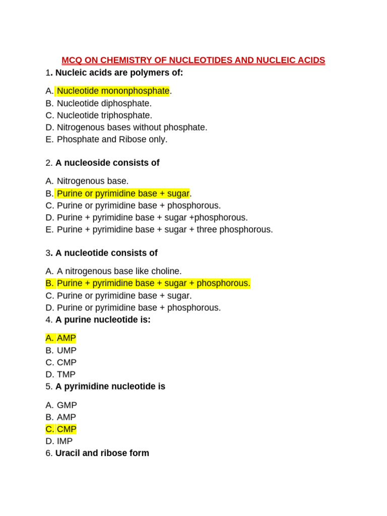 Nucleic Acids Questions | PDF | Nucleotides | Rna