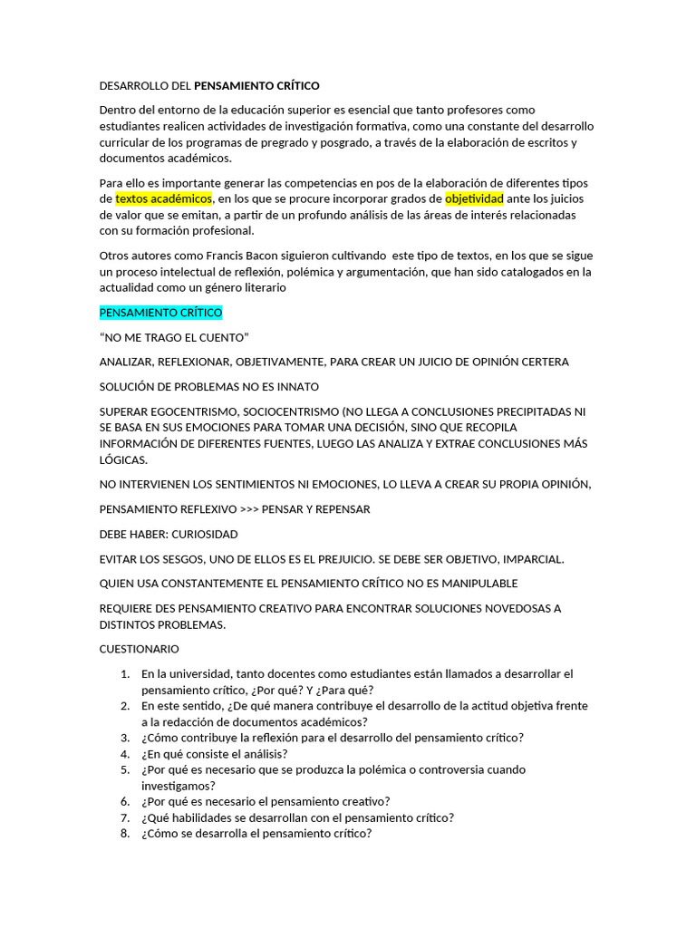 Fomentar el Pensamiento Crítico en Educación | PDF | Pensamiento ...