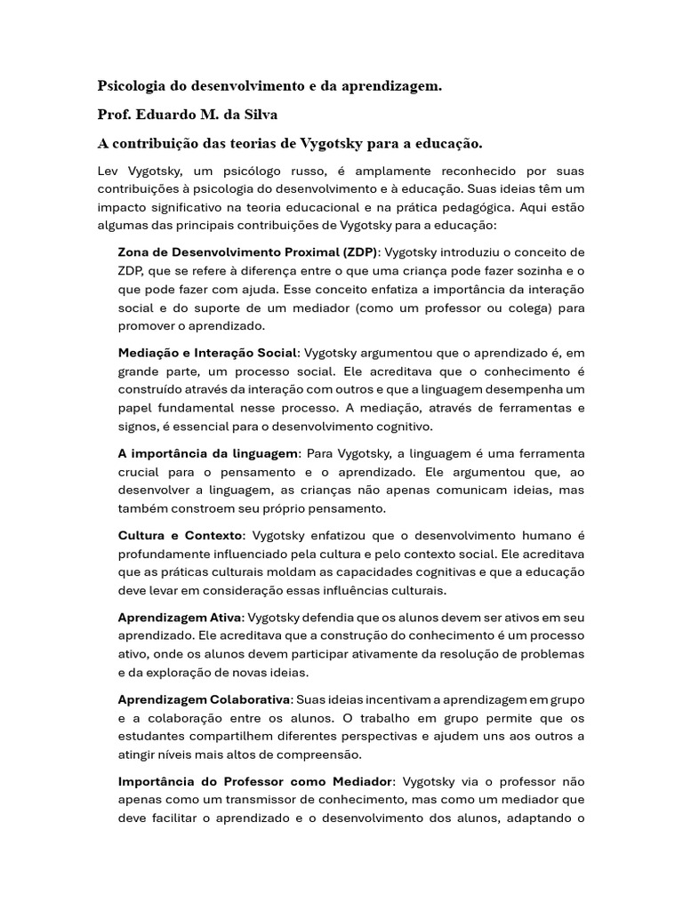 Contribuições de Vygotsky para a Educação | PDF | Aprendizado ...
