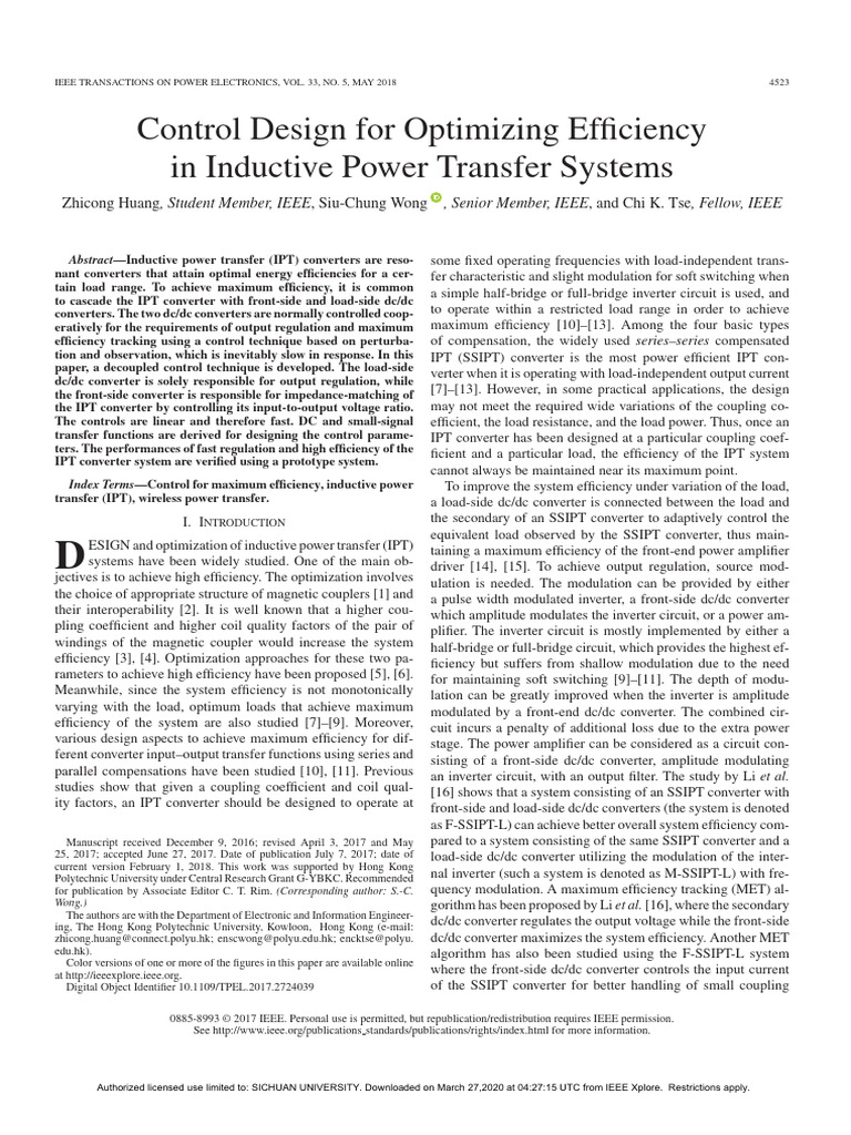 Control Design For Optimizing Efficiency in Inductive Power Transfer ...
