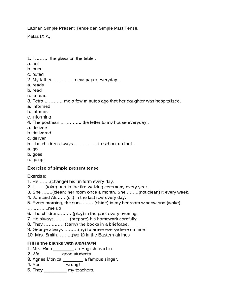 Latihan Simple Present Tense Dan Simple Past Tense Kls 9 Presentasi | PDF