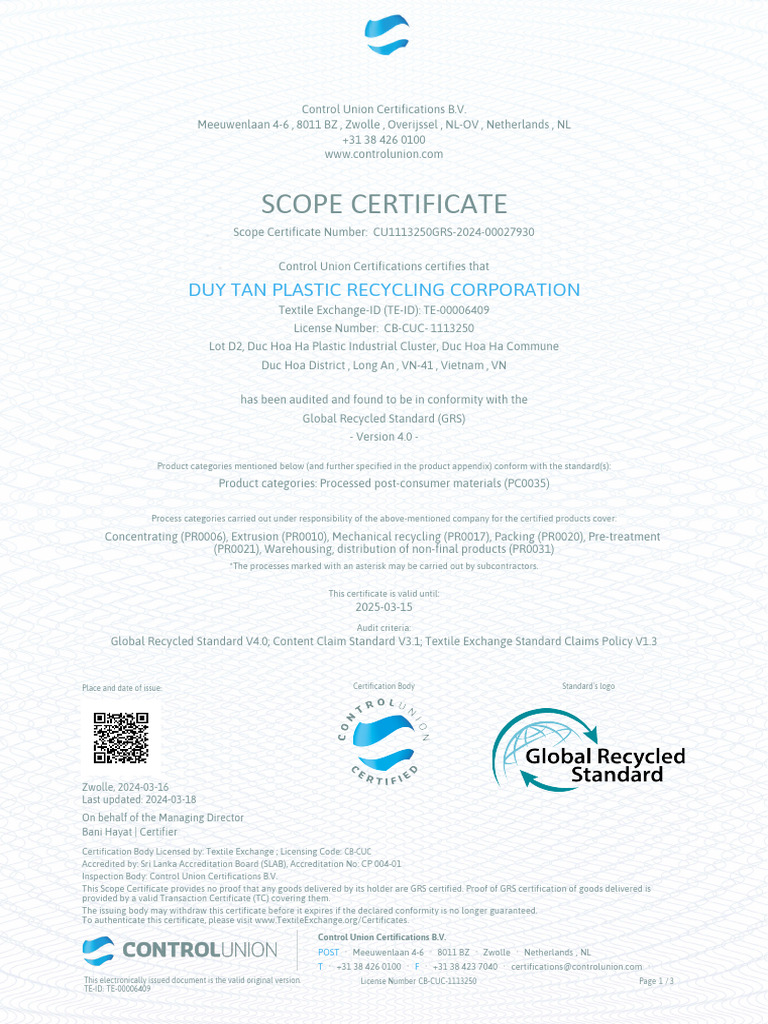 Certification - GRS For PET, HDPE, PP (ENG) 16Mar2024-15Mar2025 | PDF ...