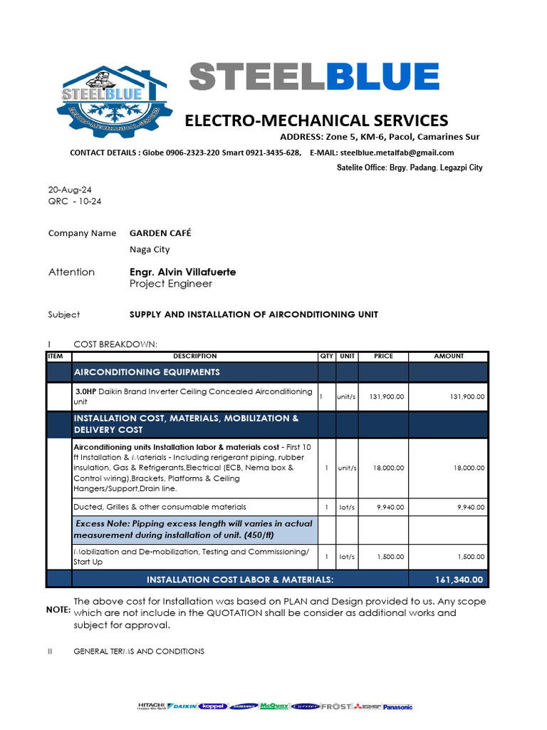 Air Conditioning Installation Cost Estimate | PDF | Air Conditioning ...