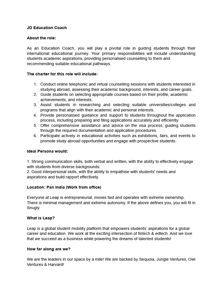 Education Coach Role at Leap | PDF | International Student | Social ...