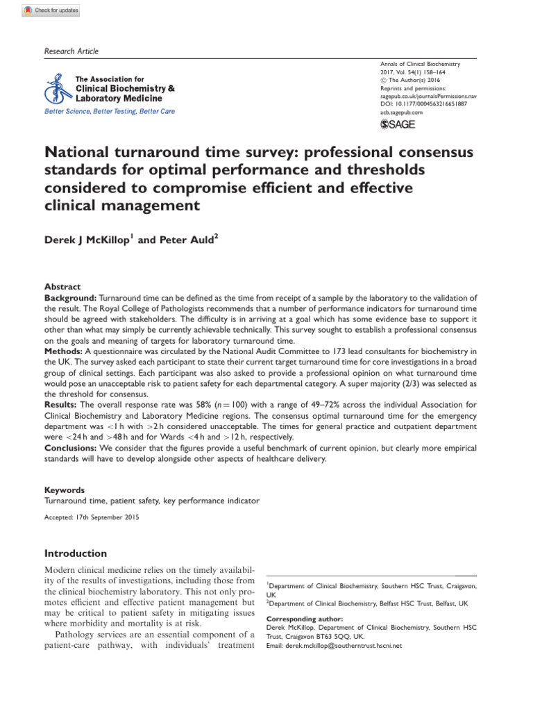 Lab Turnaround Time Consensus Benchmarks | PDF | Patient | Patient Safety