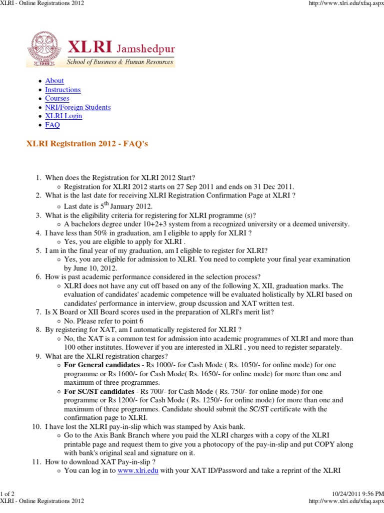 XLRI Registration 2012 FAQ's About Instructions Courses NRI/Foreign