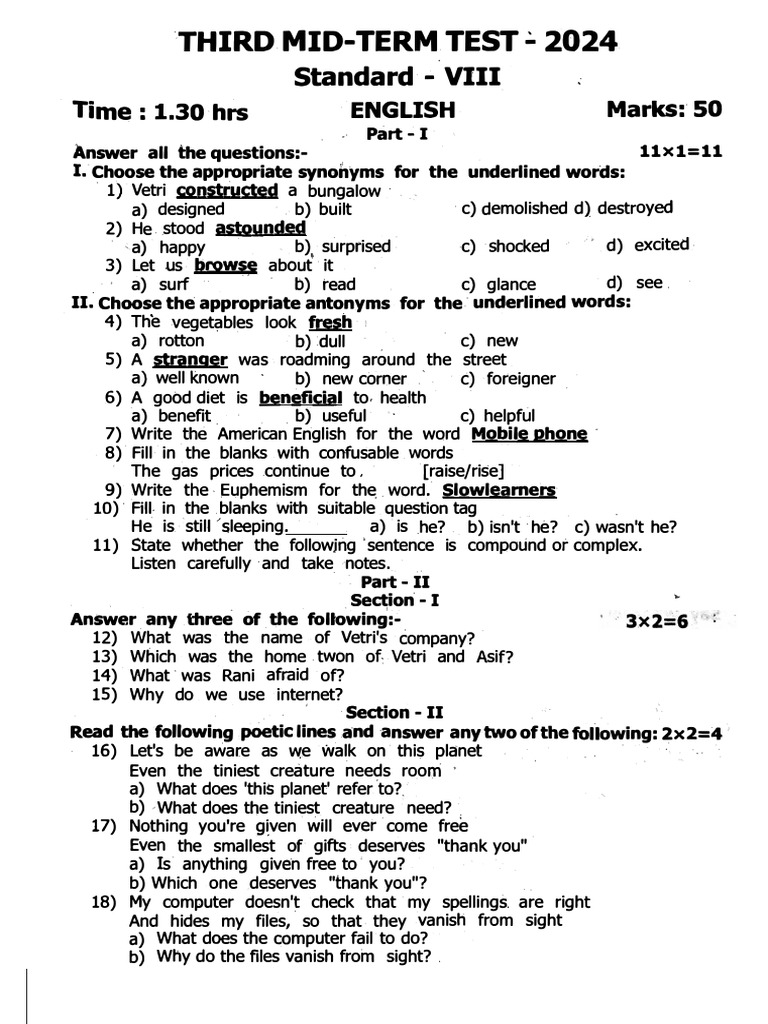Class 8 English Mid-Term Exam 2024 | PDF