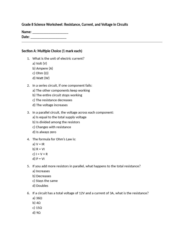 Grade 8 Circuit Resistance Worksheet | PDF | Series And Parallel ...