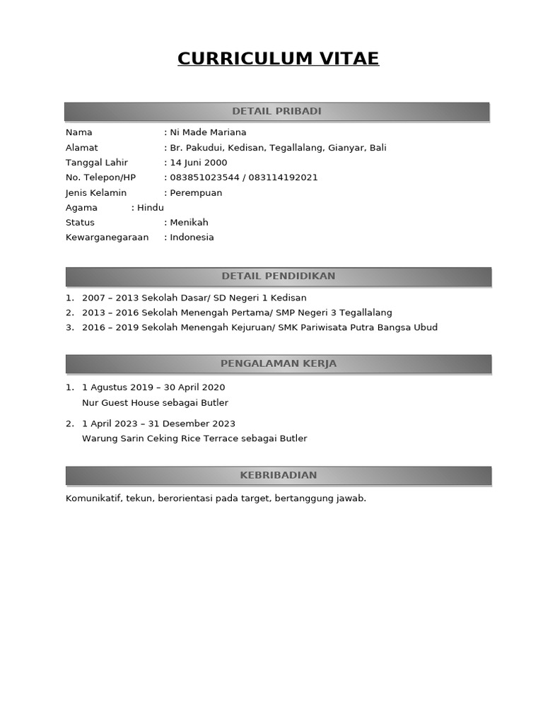 CV Ni Made Mariana: Pengalaman Butler Bali | PDF
