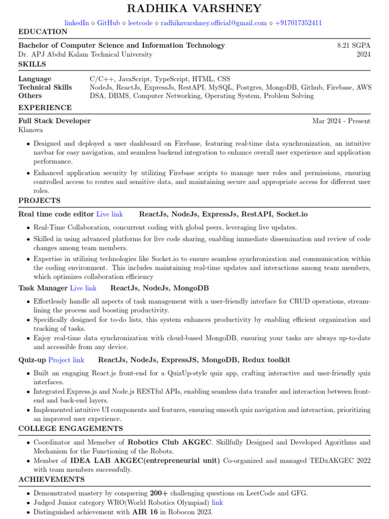Radhika Varshney: Full Stack Developer Profile | PDF | Computer Science ...