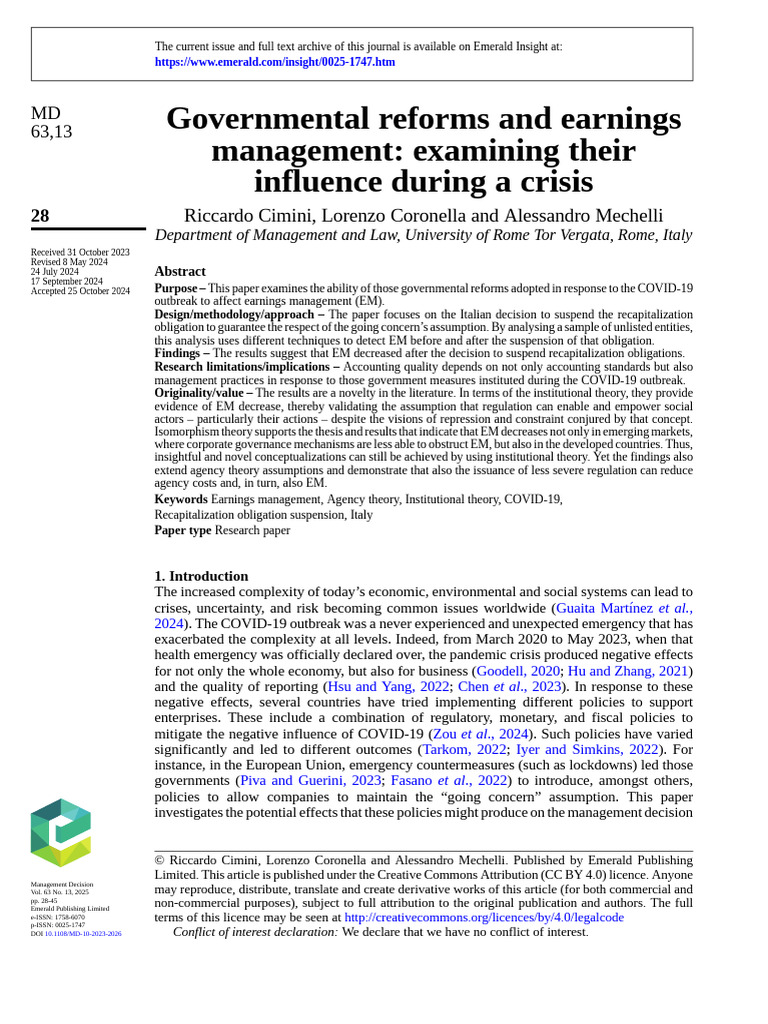 Impact of COVID Reforms on Earnings Management | PDF | Governance | Policy