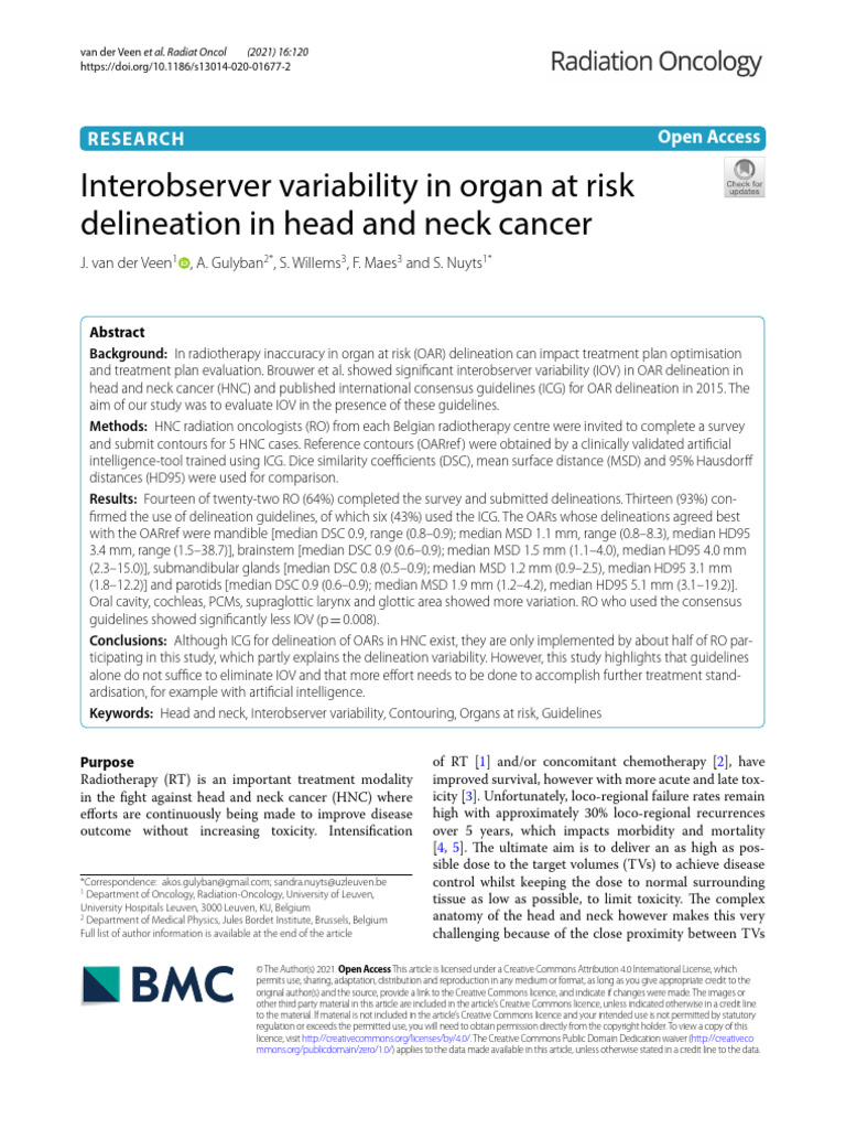 Interobserver Variability in Organ at Risk | PDF | Radiation Therapy ...