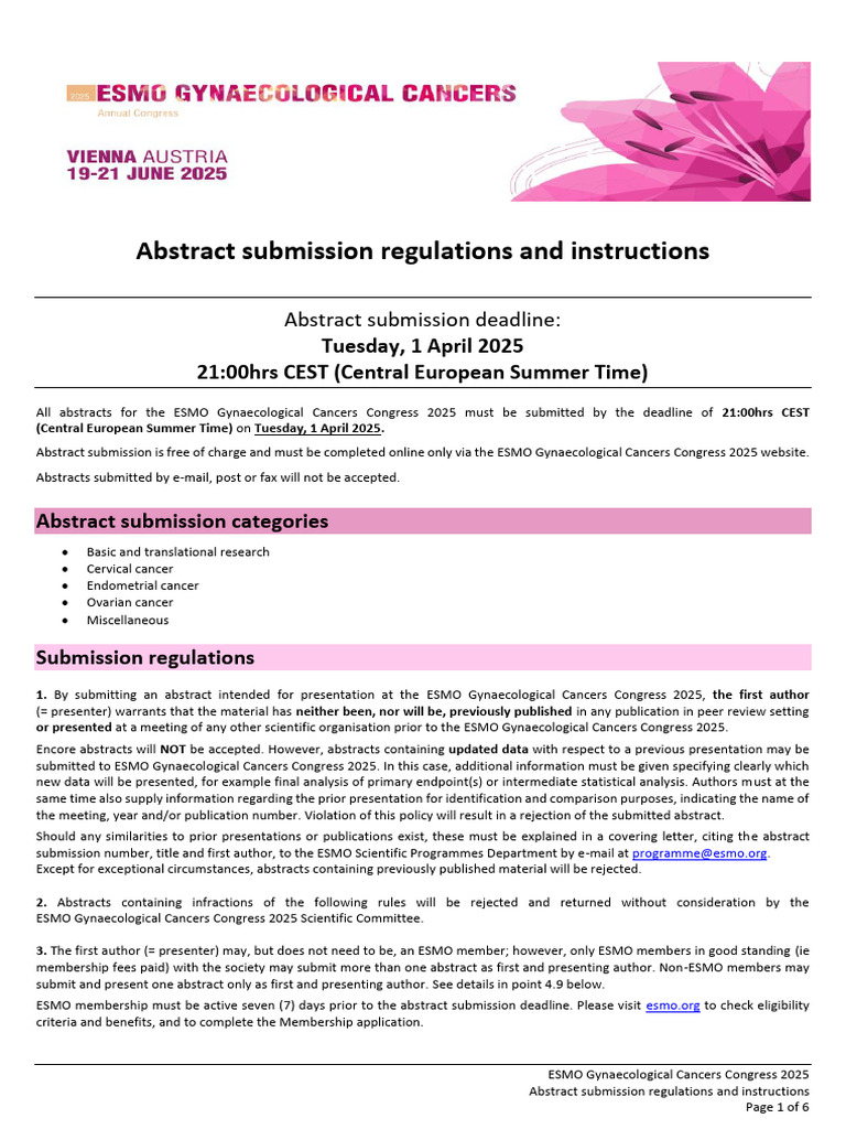 ESMO Gynaecological Cancers Congress 2025 Abstract Regulations | PDF ...