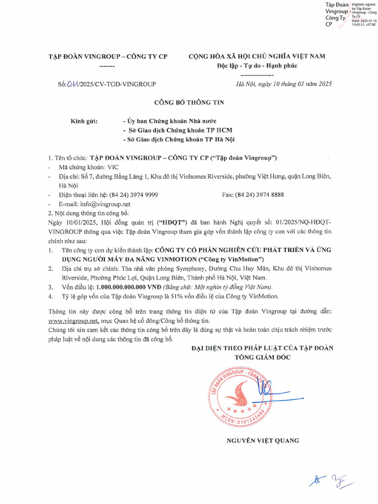 Vic CBTT Ve Viec Thanh Lap Cong Ty Con Vinmotion | PDF