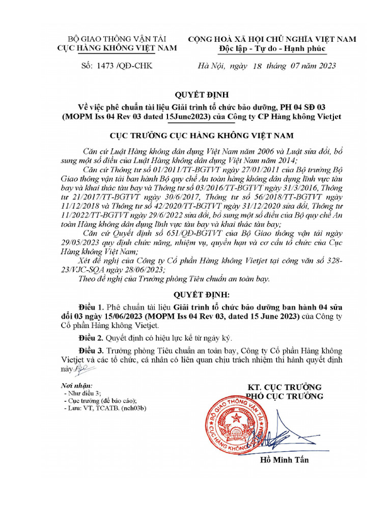 Approval of Vietjet MOPM Revision 03 | PDF | Aviation
