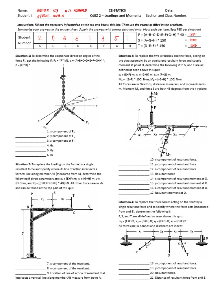 Statics Quiz: Loadings & Moments Analysis | PDF | Force | Mechanics