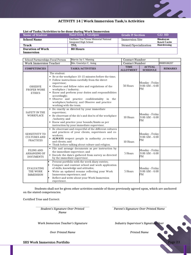 SHS Work Immersion Activities Portfolio | PDF