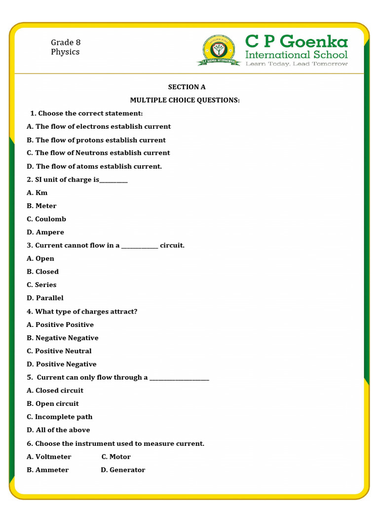 Grade 8 Electricity Quiz Questions | PDF