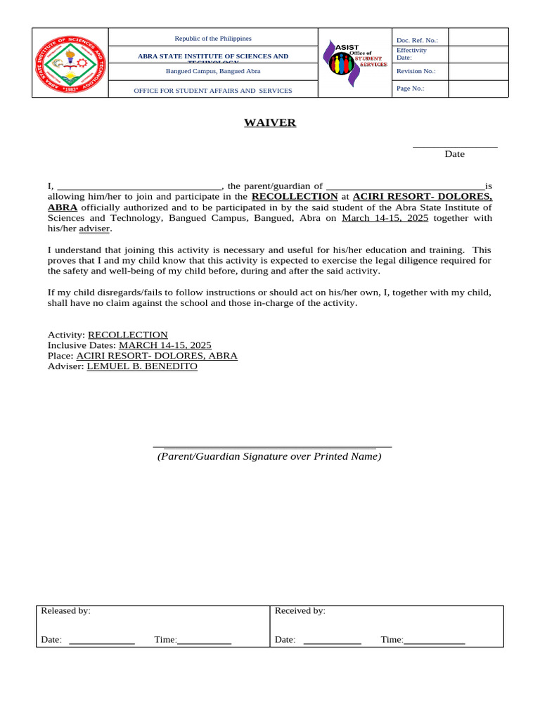 Student Activity Waiver for Recollection | PDF