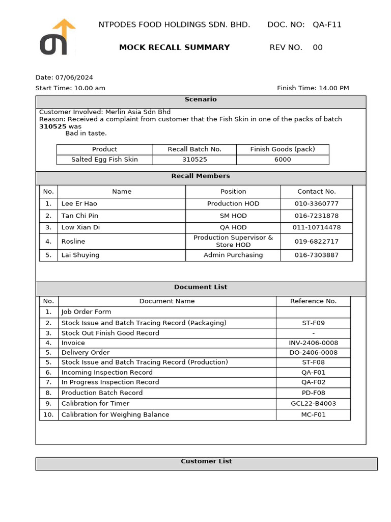 Mock Recall Summary for Fish Skin Batch | PDF